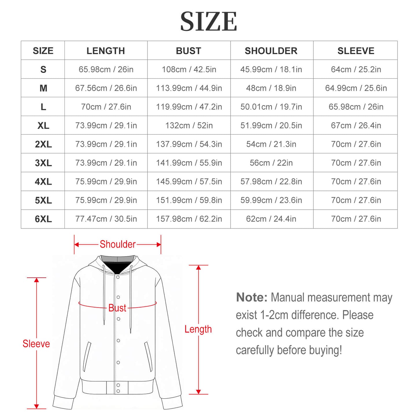 Size chart diagram for hooded baseball jacket, showing length, bust, shoulder, sleeve