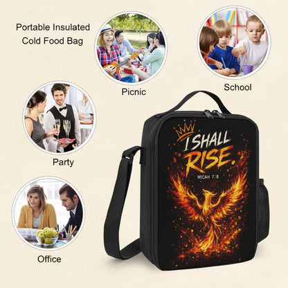Black portable insulated cold food bag with a shoulder strap, featuring a fiery phoenix graphic and the text 'I SHALL RISE' and 'HECAN 7:8'. The main product is shown on a white background with four circular lifestyle inset photos labeled Picnic, School, Party, and Office.