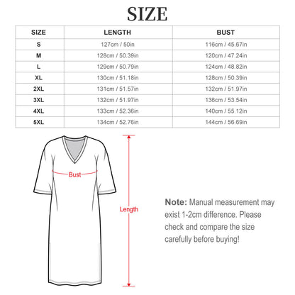 Robe size chart with lengths and bust measurements for sizes S to 5XL