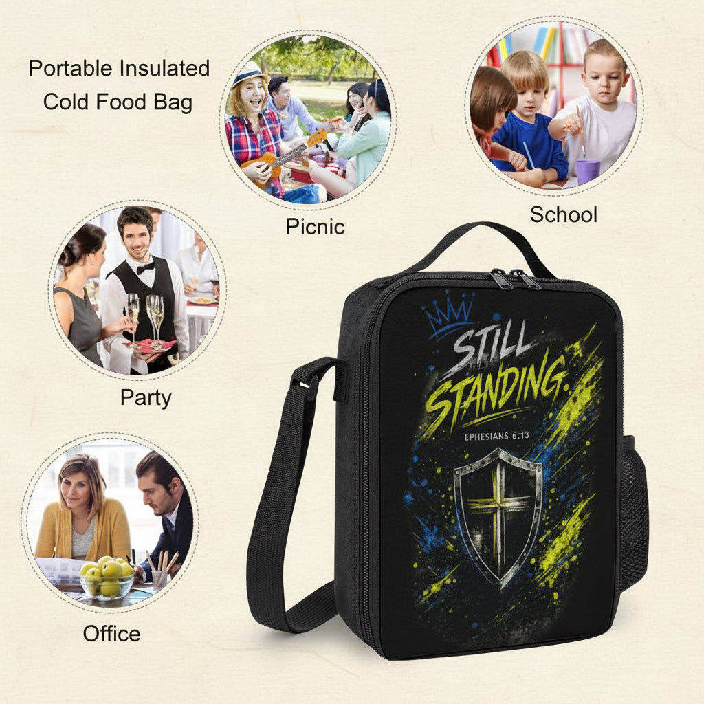 Black portable insulated cold food bag with a shoulder strap and a printed 'Still Standing' design, shown on a white background with circular lifestyle photos labeled Picnic, School, Party, and Office.