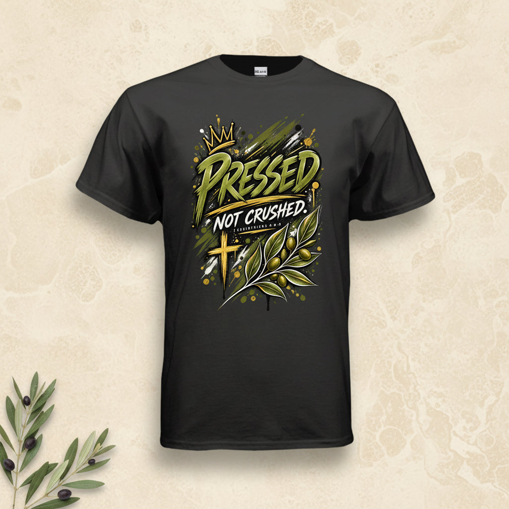 A black short-sleeve t-shirt with a graphic on the front that reads 'PRESSED NOT CRUSHED' in green and gold lettering, decorated with a crown, cross, and olive branch illustration.