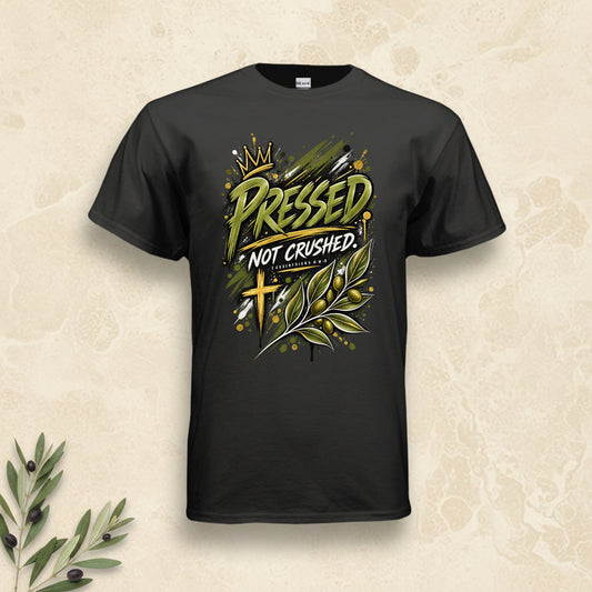 A black short-sleeve t-shirt with a graphic on the front that reads 'PRESSED NOT CRUSHED' in green and gold lettering, decorated with a crown, cross, and olive branch illustration.