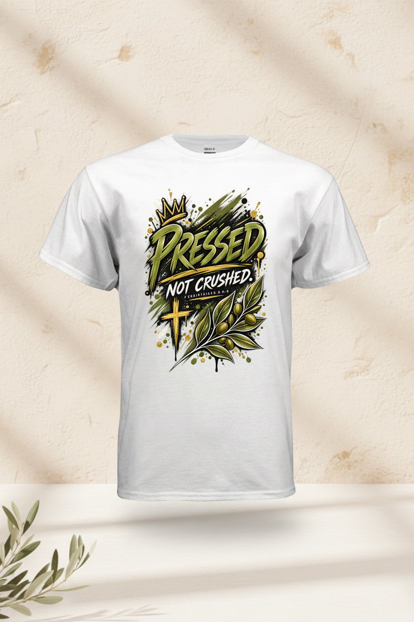 A white short-sleeve crewneck t-shirt featuring a graphic print on the front with the text 'PRESSED NOT CRUSHED' in green and yellow, decorated with a gold crown, olive leaves, and a gold cross.