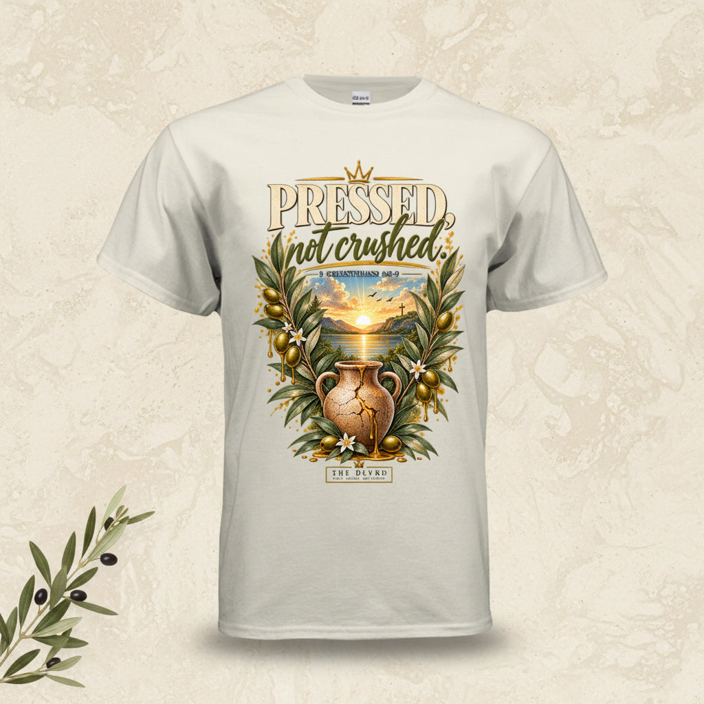 A light beige crewneck t-shirt featuring a detailed graphic print on the front. The graphic displays the words 'PRESSED not crushed' in a stylized font above an illustration of a cracked clay amphora surrounded by olive branches and a golden sunset.