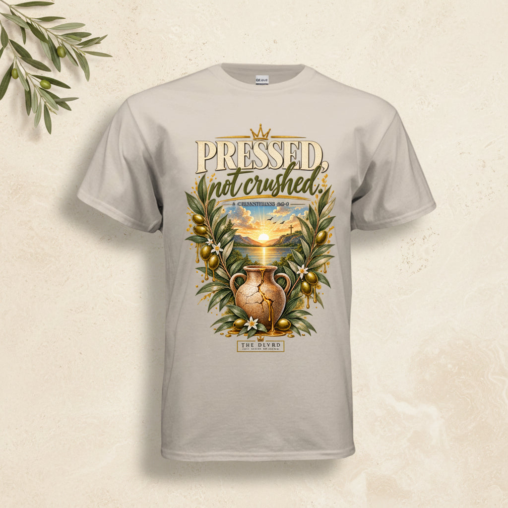 A light beige crewneck t-shirt featuring a detailed graphic print on the front. The graphic displays a cracked clay jug surrounded by olive branches with green leaves and gold olives, set against a sunset background, with the text 'PRESSED not crushed' and 'EX HIBIT'.
