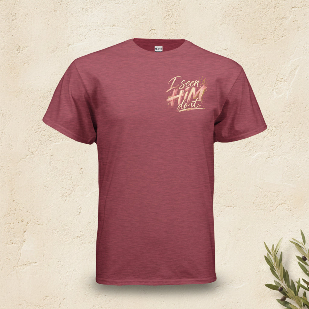 A heathered maroon short-sleeve t-shirt with a gold and white graphic on the left chest that reads 'I see HIM next'.