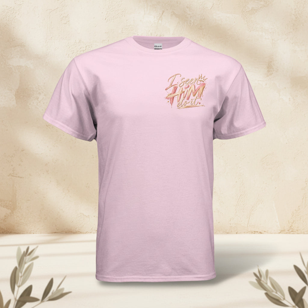 A light pink short-sleeve crewneck t-shirt with a stylized graphic on the left chest reading 'I secretly love you' in orange and yellow script, displayed on a clean white background.