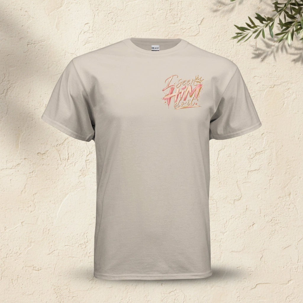 A light beige crewneck t-shirt with a stylized graphic on the left chest reading 'I escape from inside' in a pink and orange textured font, displayed on a clean white background.