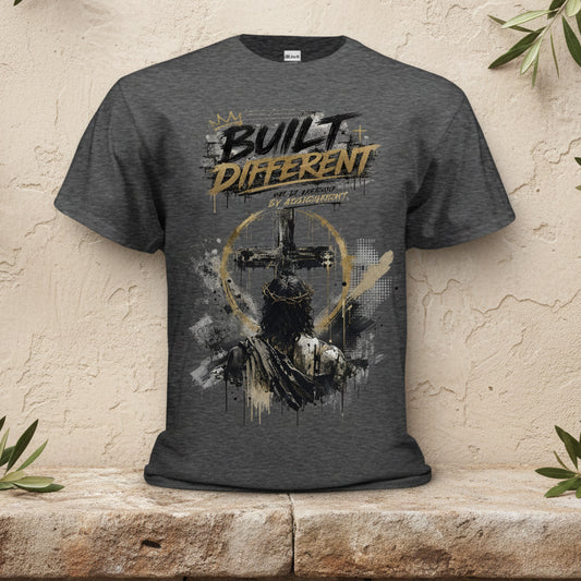 A dark heather gray graphic t-shirt featuring a distressed design with a cross, a halo, and the text 'BUILT DIFFERENT' in black and gold, displayed on a solid white background.