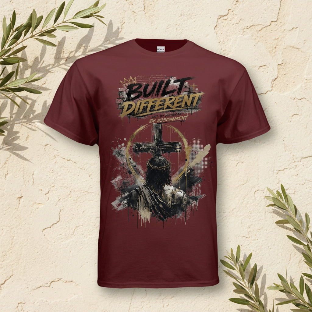 Maroon adult graphic T-shirt with large chest illustration in gold and black