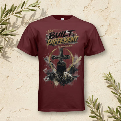 Maroon adult graphic T-shirt with large chest illustration in gold and black