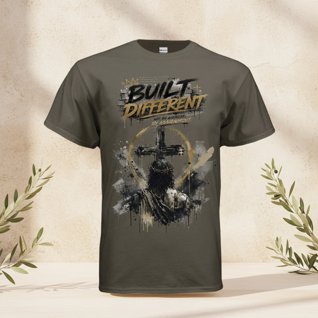 An olive green short-sleeve t-shirt with a distressed graphic on the front featuring a cross, a sword, and the text 'I AM BUILT DIFFERENT' in black and gold.