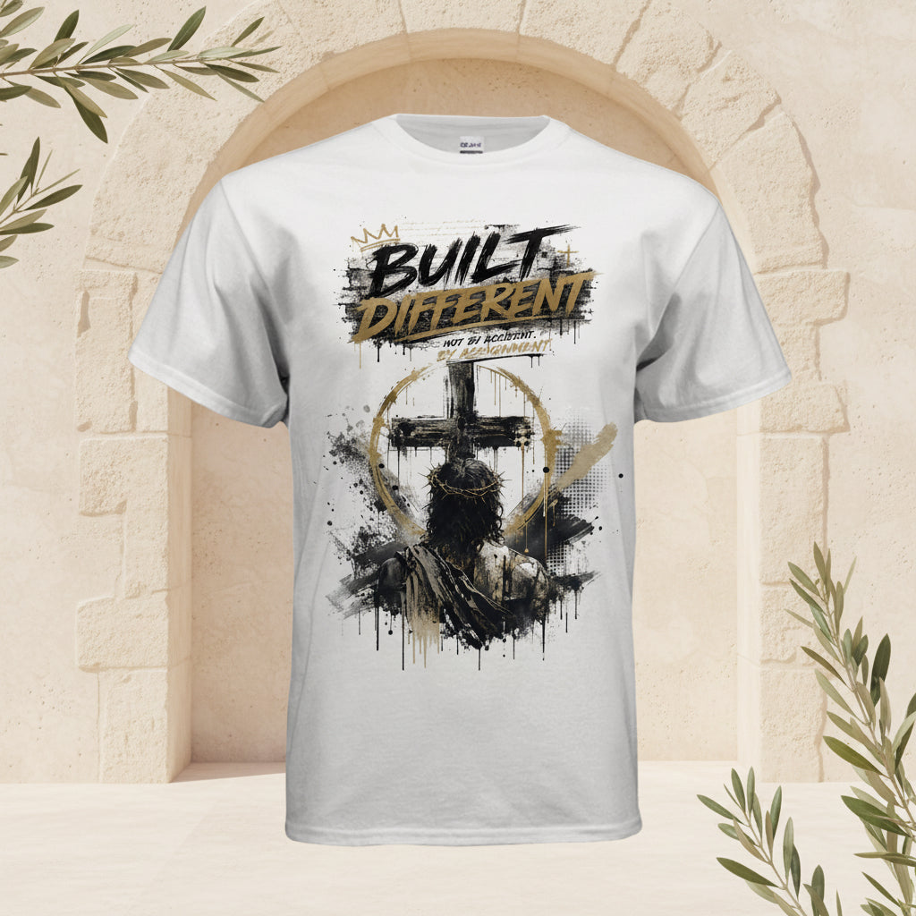 White adult graphic T-shirt with gold and black chest artwork